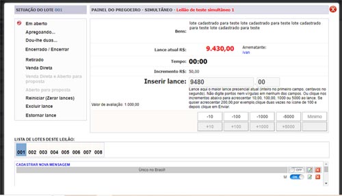 Painel de comando do leil&atilde;o simult&acirc;neo